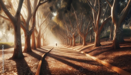 Golden Morning Run – Tranquil Path Through Eucalyptus Grove