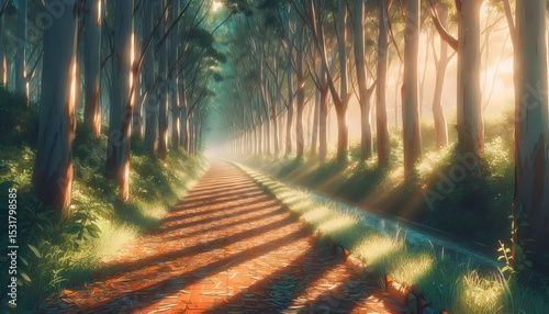 Golden Morning Run – Tranquil Path Through Eucalyptus Grove