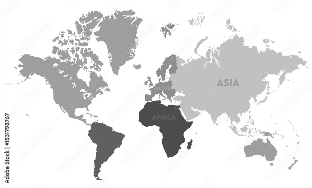 Naklejka premium Grayscale world map vector-03, world map, modern world map graphic, Countries Silhouettes Stock Illustrations, Vectors