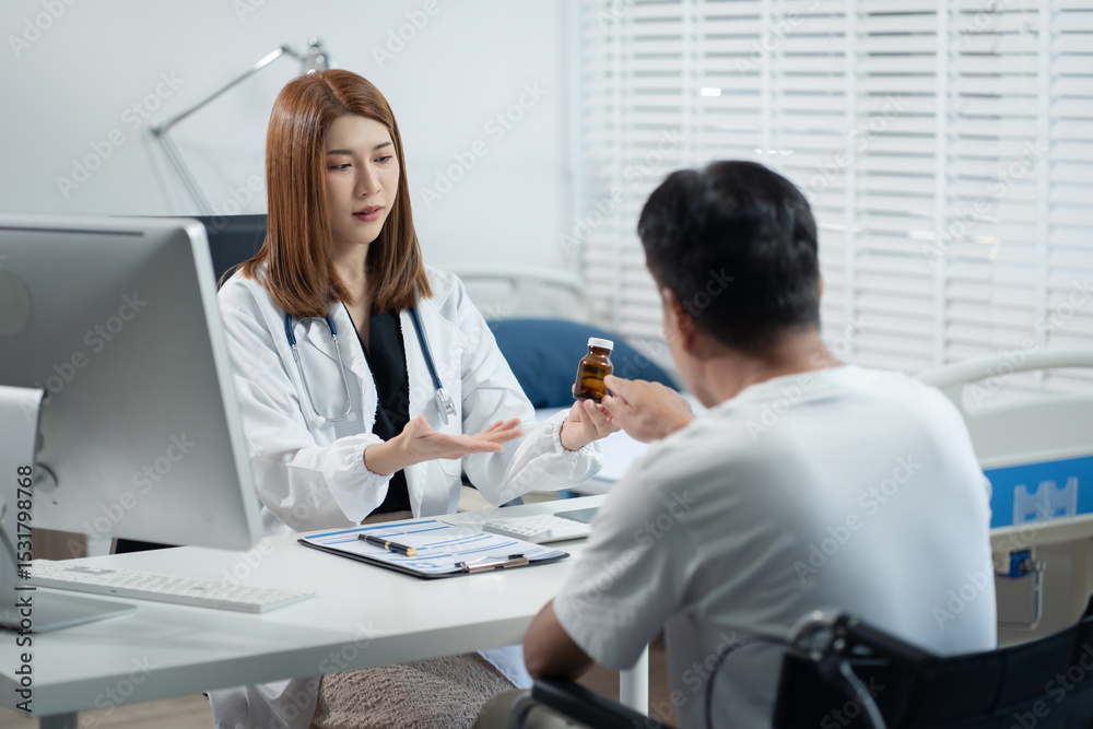 Fototapeta premium Female doctor gives medication advice to an elderly patient.