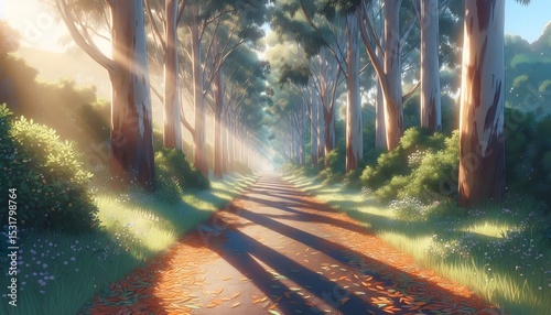 Golden Morning Run – Tranquil Path Through Eucalyptus Grove