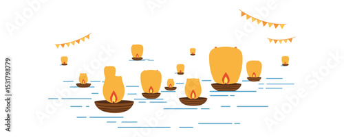 flat vector icon of religious festival asalha puja, Floating Lanterns on the River, suitable for design and infographic applications