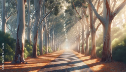 Golden Morning Run – Tranquil Path Through Eucalyptus Grove
