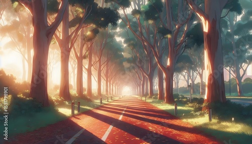 Golden Morning Run – Tranquil Path Through Eucalyptus Grove