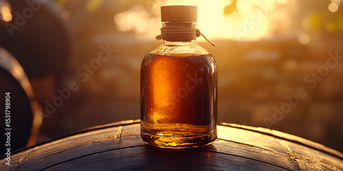 Vintage Brown Glass Bottle on Oak Barrel in Cellar

