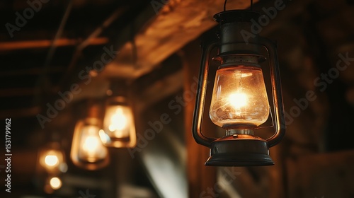 Collection of old metal kerosene lanterns hanging from a wooden beam in a dimly lit barn their flickering light casting nostalgic shadows on the walls