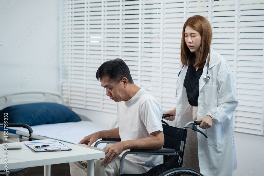 Obraz premium Elderly care concept. Portrait of nurse and her senior client on wheelchair.