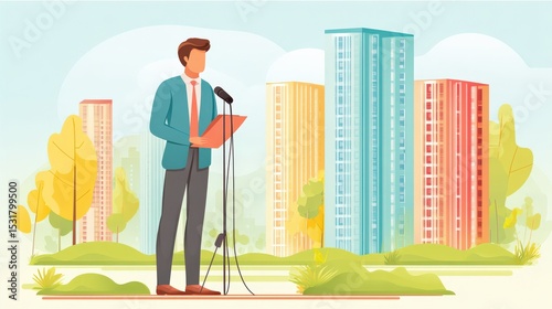 Businessperson Giving Speech at Urban Outdoor Event with Buildings
