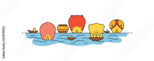flat vector icon of religious festival asalha puja, Floating Lanterns on the River, suitable for design and infographic applications
