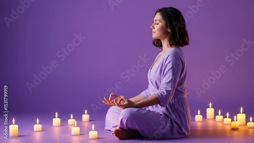 Woman meditating in a purple setting surrounded by candles  