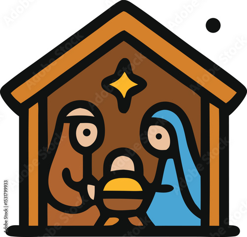 Icon Nativity scene illustration depicting Mary, Joseph, baby Jesus, and star, conveying the Christmas story and holiday spirit