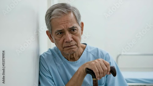 Elderly man sitting with cane and looking concerned in hospital room  
