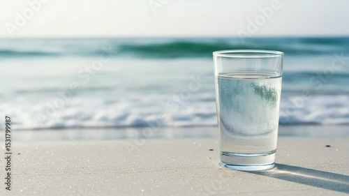 Clear glass of water on sandy beach with ocean waves in background  