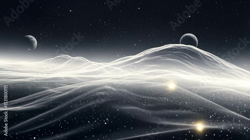 Abstract cosmic landscape with celestial bodies and flowing light  