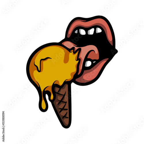 Mouth licking ice cream cartoon vector illustration