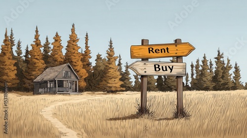 Countryside Signpost with Rent and Buy Directions near Cabin