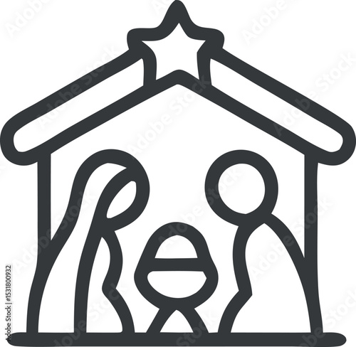Icon Nativity scene vector line art illustration depicting the birth of Jesus Christ under the star of Bethlehem and the manger
