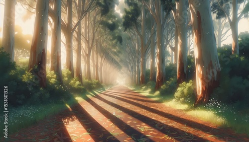 Golden Morning Run – Tranquil Path Through Eucalyptus Grove