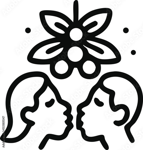 Icon Illustration of a couple kissing under mistletoe, embodying holiday romance and traditional celebration, featuring simple line art