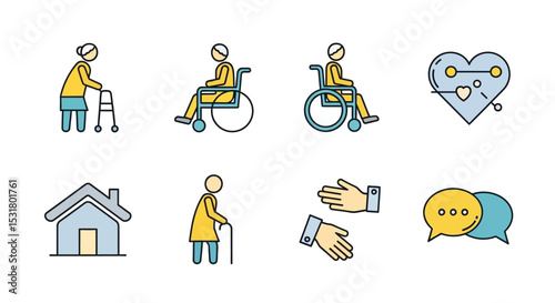 Elderly Care Icons  Wheelchair, Walker, Home, Support, Communication