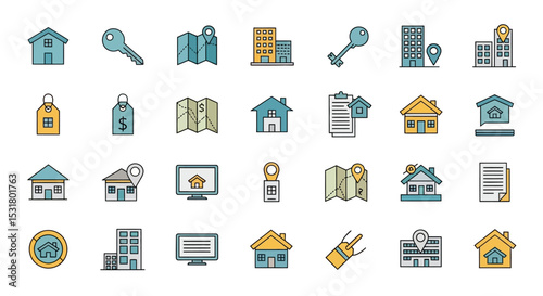 Real Estate Icon Set Houses, Keys, Maps & More - Perfect for Property Websites and Apps