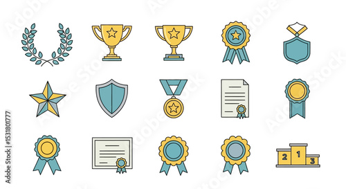 Achievement Awards Icons Trophy, Medal, Laurel Wreath & More - Vector Illustration