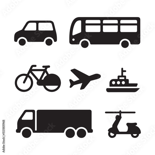 A diverse vector set of cartoon transportation icons features cars, trucks, buses, vans, taxis, and lorries, ideal for illustrating travel and cargo