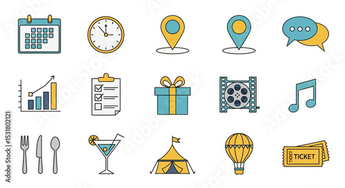 Colorful Line Icons Calendar, Clock, Map, Chat, Graph, Checklist, Gift, Film Reel, Music Note, Cutlery, Cocktail, Circus Tent, Hot Air Balloon, Ticket