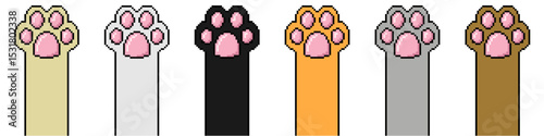 Pixel cat feet paw vector for retro-style animal themes, pet-related digital art, or gaming character elements. It's ideal for virtual pet apps, nostalgic designs, and cute pixelated illustrations.