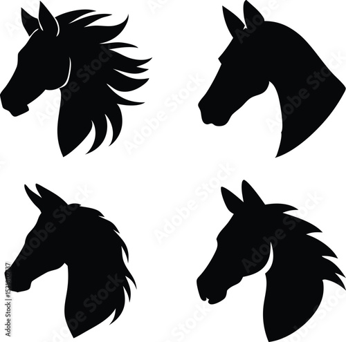Horse head black color silhouette set.