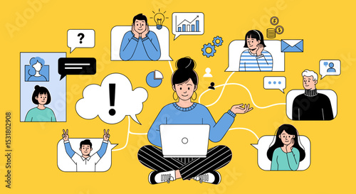 Networking illustration: A dynamic illustration showcases a woman at the center, effortlessly connecting with a diverse network of individuals. The design highlights ideas, communication.