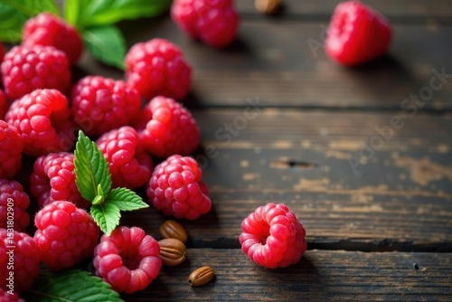Scattered raspberries on rustic wood, red berry background , pattern, table
