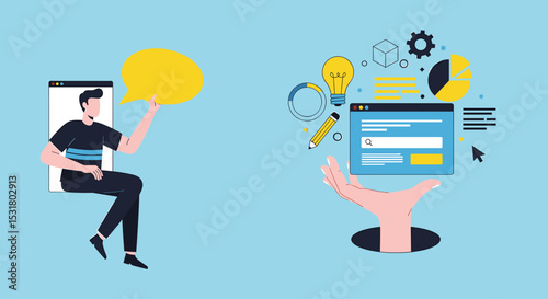 Digital Ideas: A creative concept illustration showing digital marketing with hand holding interface, and the man holding a yellow message bubble in a vibrant color.