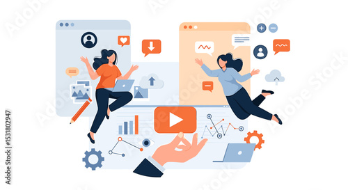 Digital Harmony: Illustrative representation of digital concept featuring two individuals engaged in online tasks amidst an array of interconnected icons and graphics.