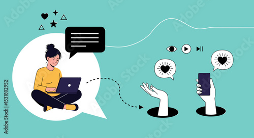 Digital Connection: A woman interacts seamlessly with a smartphone, embodying digital interaction with artistic line work and a light color palette to represent technology.
