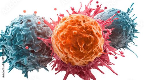 Microscopic view of immune cells attacking a cancer cell, representing immunotherapy treatment, with transparent background for easy integration into medical presentations and publications