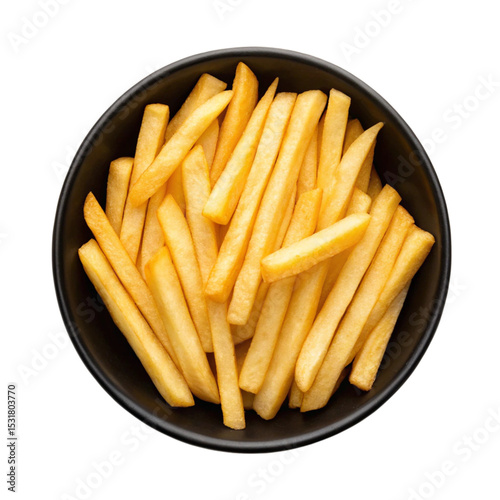 Fries in a black bowl isolated, and fresh tasty fries in a bowl isolated