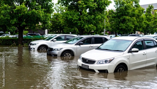 災害。洪水で水没した自動車。（Disaster. Cars submerged in flood waters.）
