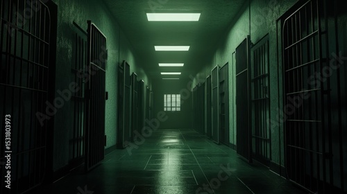 Modern prison, background. Long bright corridor with bars.