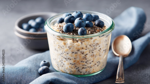 A glass jar filled with overnight oats topped with fresh blueberries and chia seeds, placed on a blue cloth next to a spoon and a bowl of extra blueberries.