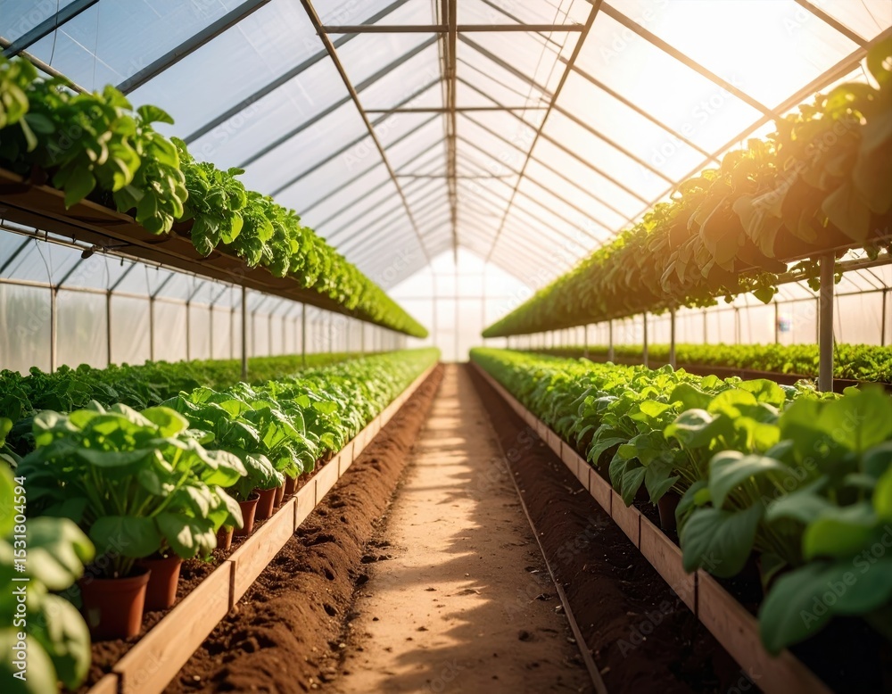 Lush green vegetable plants growing in rows inside a bright greenhouse environment Lush green vegetable plants growing in rows inside a bright greenhouse environment