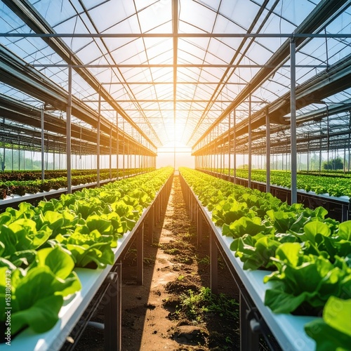 Bright modern greenhouse interior with lush leafy vegetable plants du sunrise