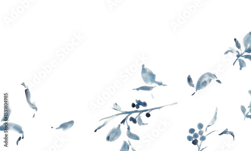 水彩画。水彩タッチのモノクロのベクターイラスト。モノクロの植物画。夏の植物フレーム。Watercolor painting. Black and white vector illustration with watercolor touch. Black and white botanical drawing. Summer plant frame.