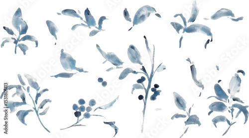 水彩画。水彩タッチのモノクロのベクターイラスト。モノクロの植物画。夏の植物フレーム。Watercolor painting. Black and white vector illustration with watercolor touch. Black and white botanical drawing. Summer plant frame.