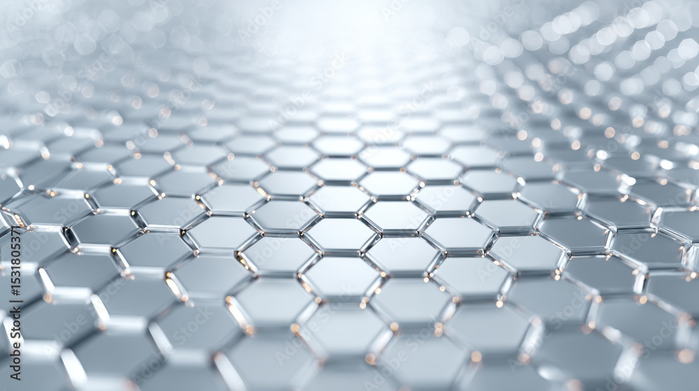 Fototapeta premium Close up view of shiny silver hexagonal metal mesh pattern with reflective surface creating futuristic and sleek effect