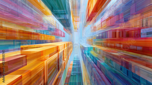 Abstract perspective bursts of color shoot upward dynamic cityscape with vibrant orange, blue, and red translucent blocks creating motion and depth