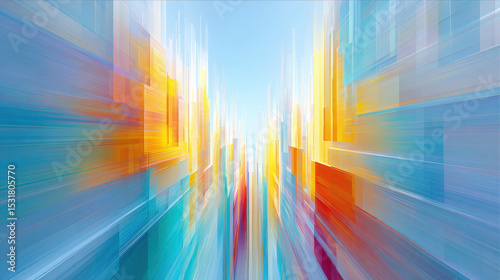 Abstract perspective bursts of color shoot upward in this vibrant digital art with dynamic motion and bright blue, orange, and yellow hues
