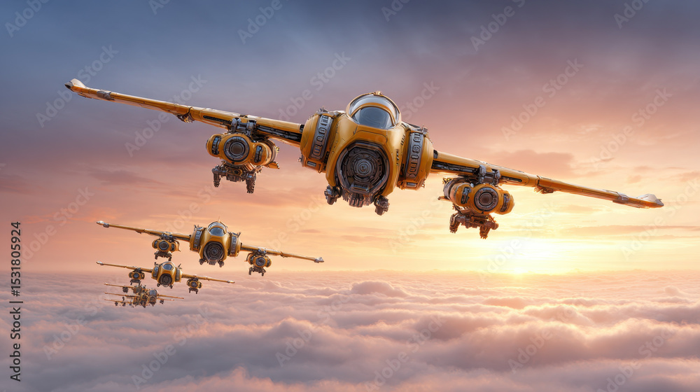 Naklejka premium Futuristic yellow aircraft flying in formation above clouds during vibrant sunset, showcasing advanced technology and dynamic motion