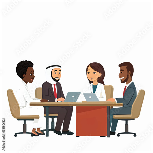 Successful businesspeople in an office meeting, working together with laptops and communicating as a team