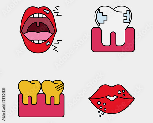 Dental icon set. Containing Mouth sore, erosion, yellow teeth, fever blisters. filled outline icon style.